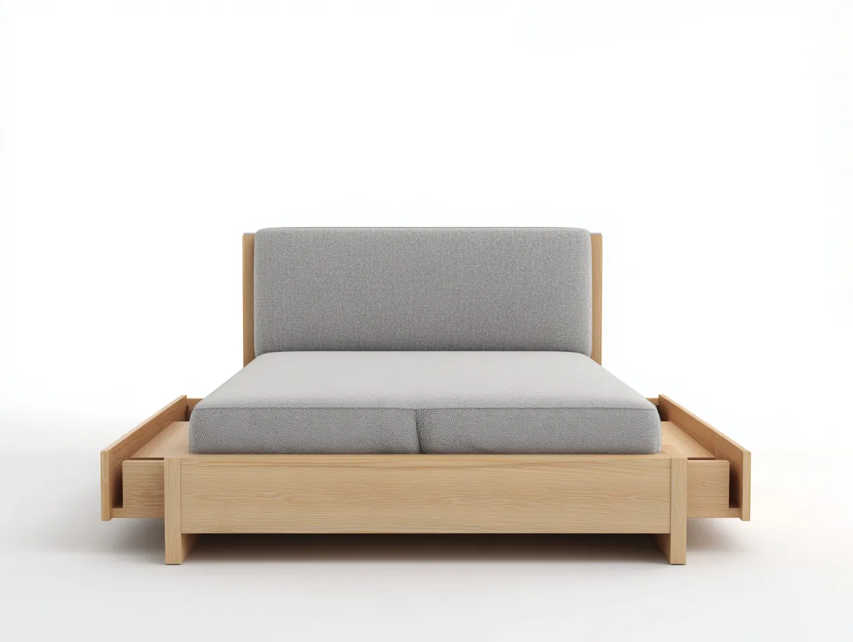 Doppelbett-Holz-Stoff-212x192x112 cm-Natur-Grau-Skandinavisches Design-Loftgoly