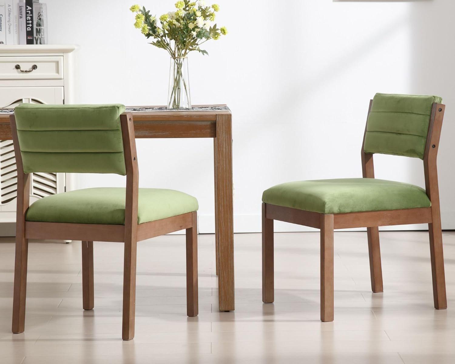 Set of 2 Farmhouse Green Velvet Dining Chairs 