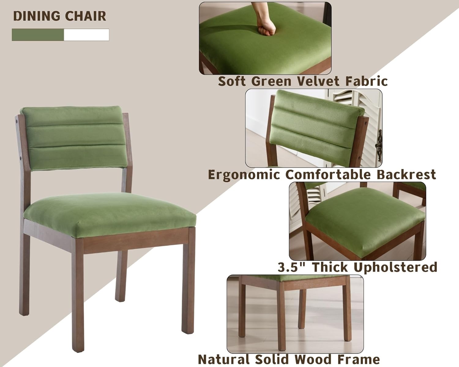 Set of 2 Farmhouse Green Velvet Dining Chairs 