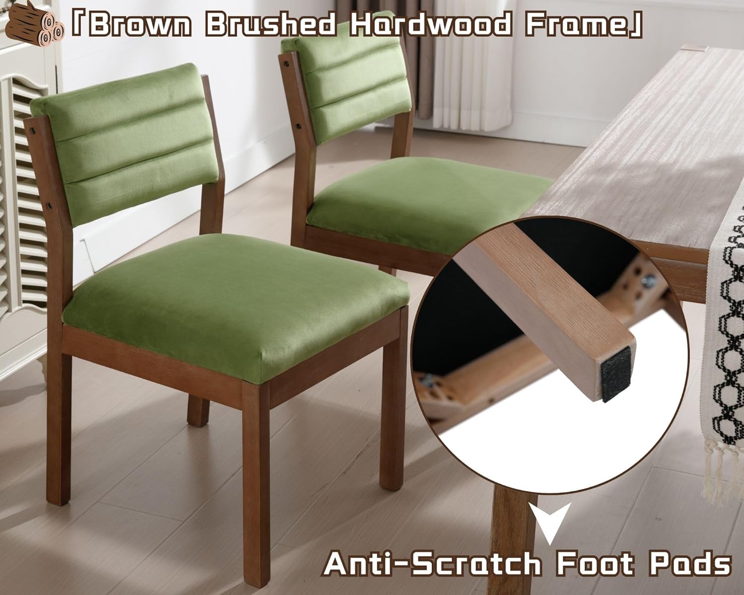 Set of 2 Farmhouse Green Velvet Dining Chairs 