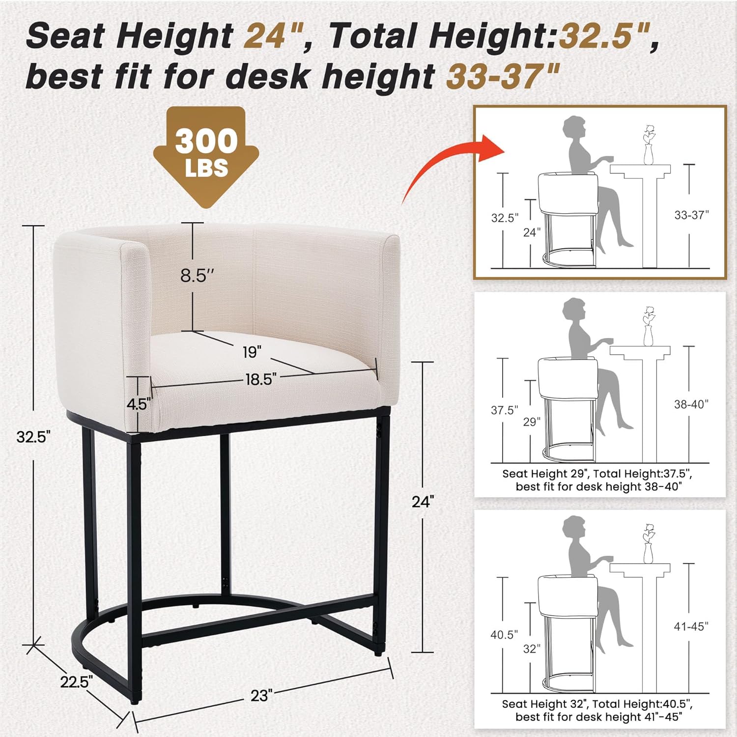 Modern Counter Height Linen Fabric Upholstered Counter Stools Set of 3