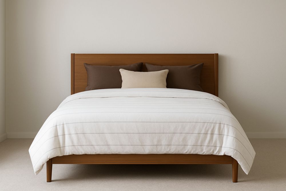 Łóżko drewniane podwójne brązowe z materacem i poduszkami-Kyriahome