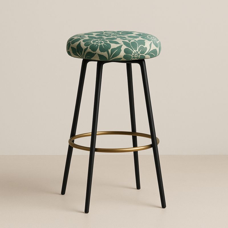 Taboret barowy metalowy z tkaniną w kwiatowy wzór zielony-Kyriahome