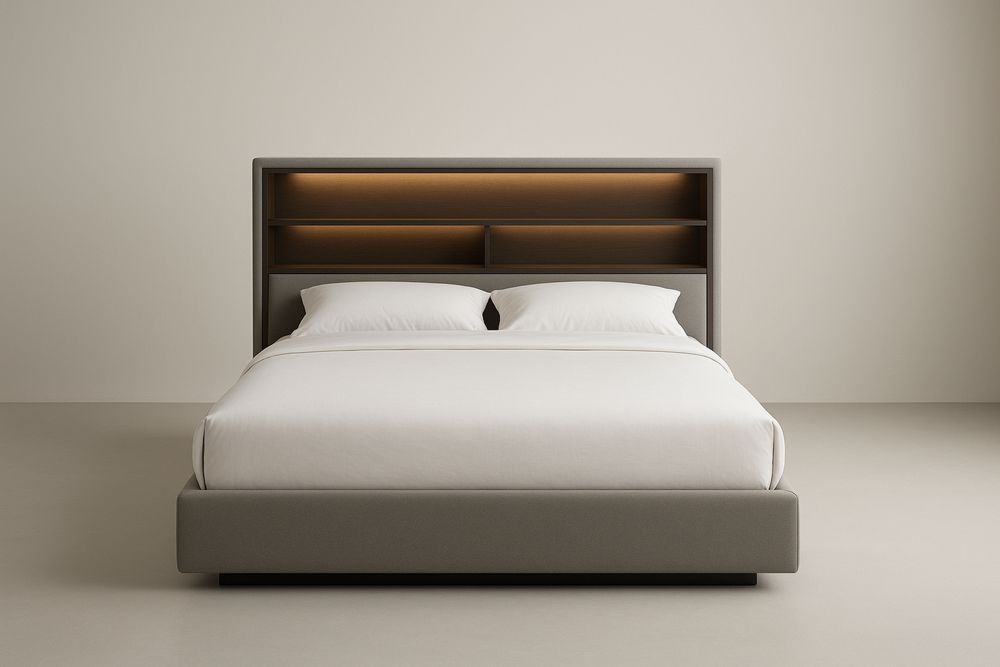 Łóżko tapicerowane z półkami szare 200x160×110 cm-Kyriahome