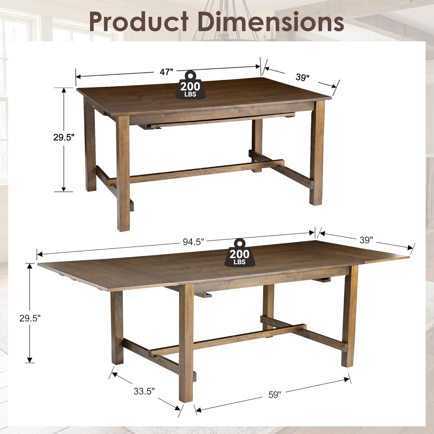 59"-94.5" Extendable Dining Room Table 