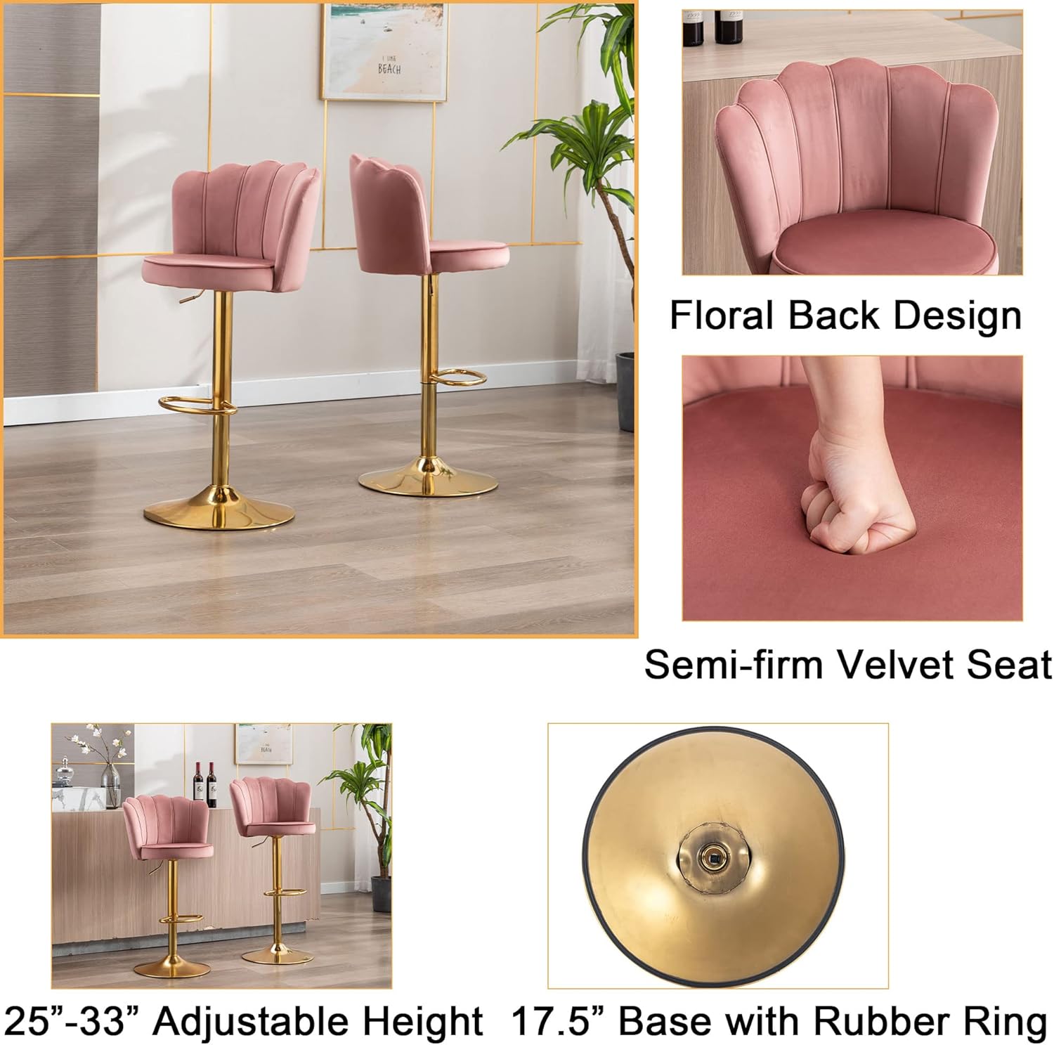 2 Adjustable Upholstered Counter Barstool Velvet Bar Chairs