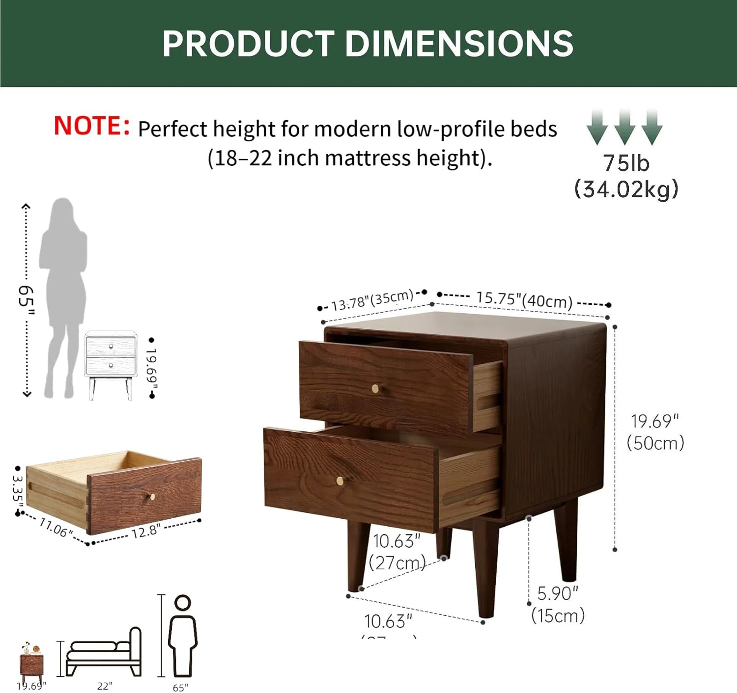 Solid Oak Wood Nightstand 