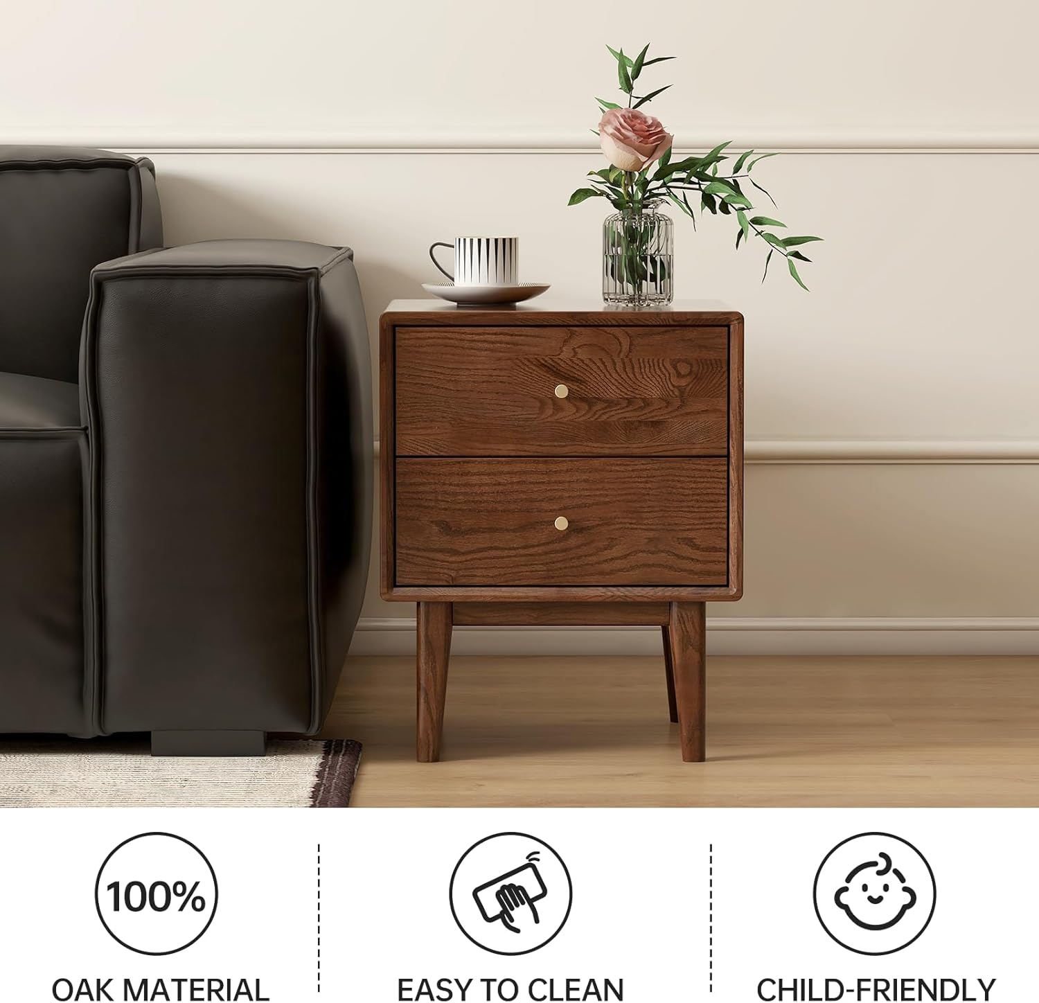 Solid Oak Wood Nightstand 