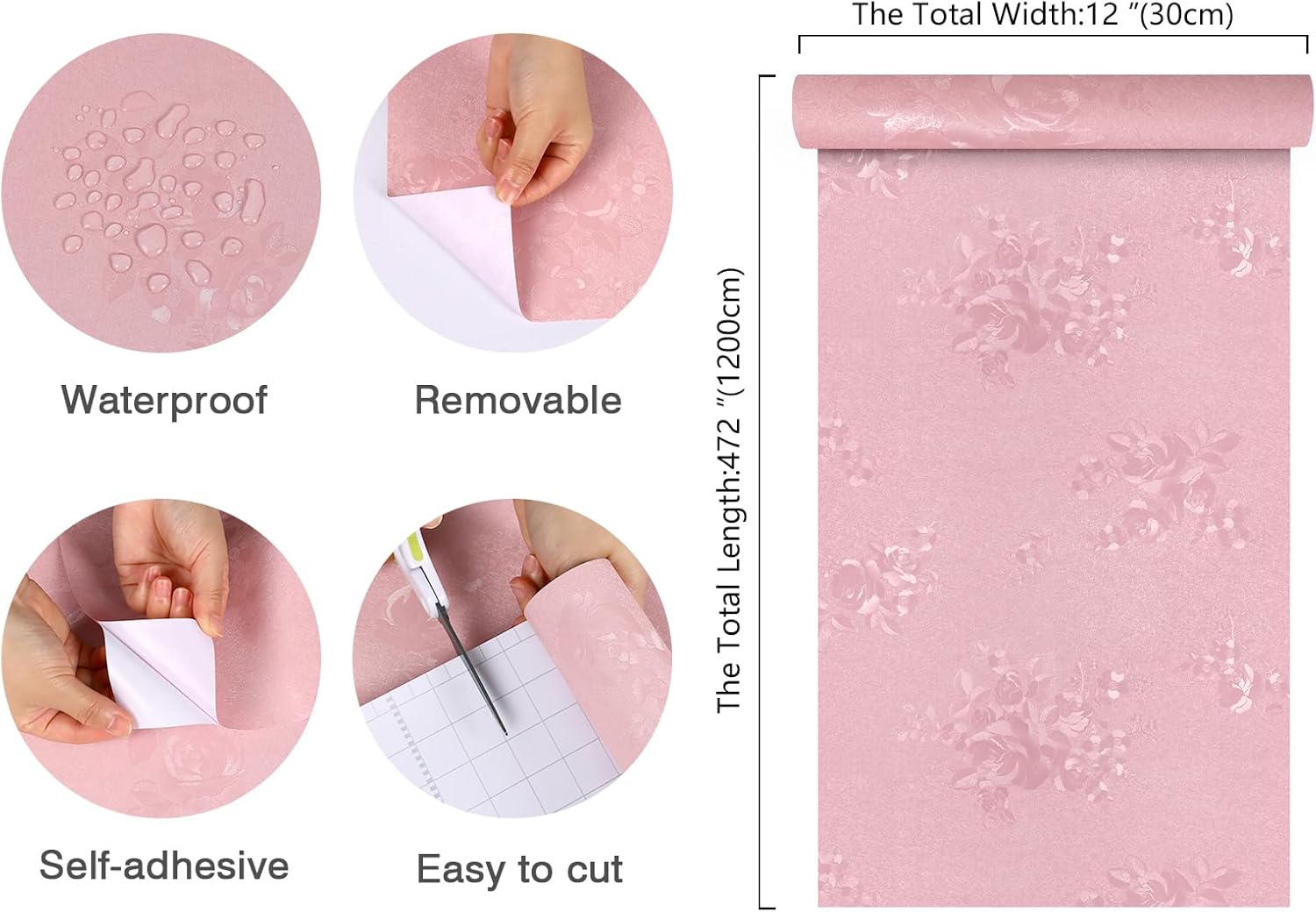 12"x472" Pink Embossed Flower Peel and Stick Wallpaper
