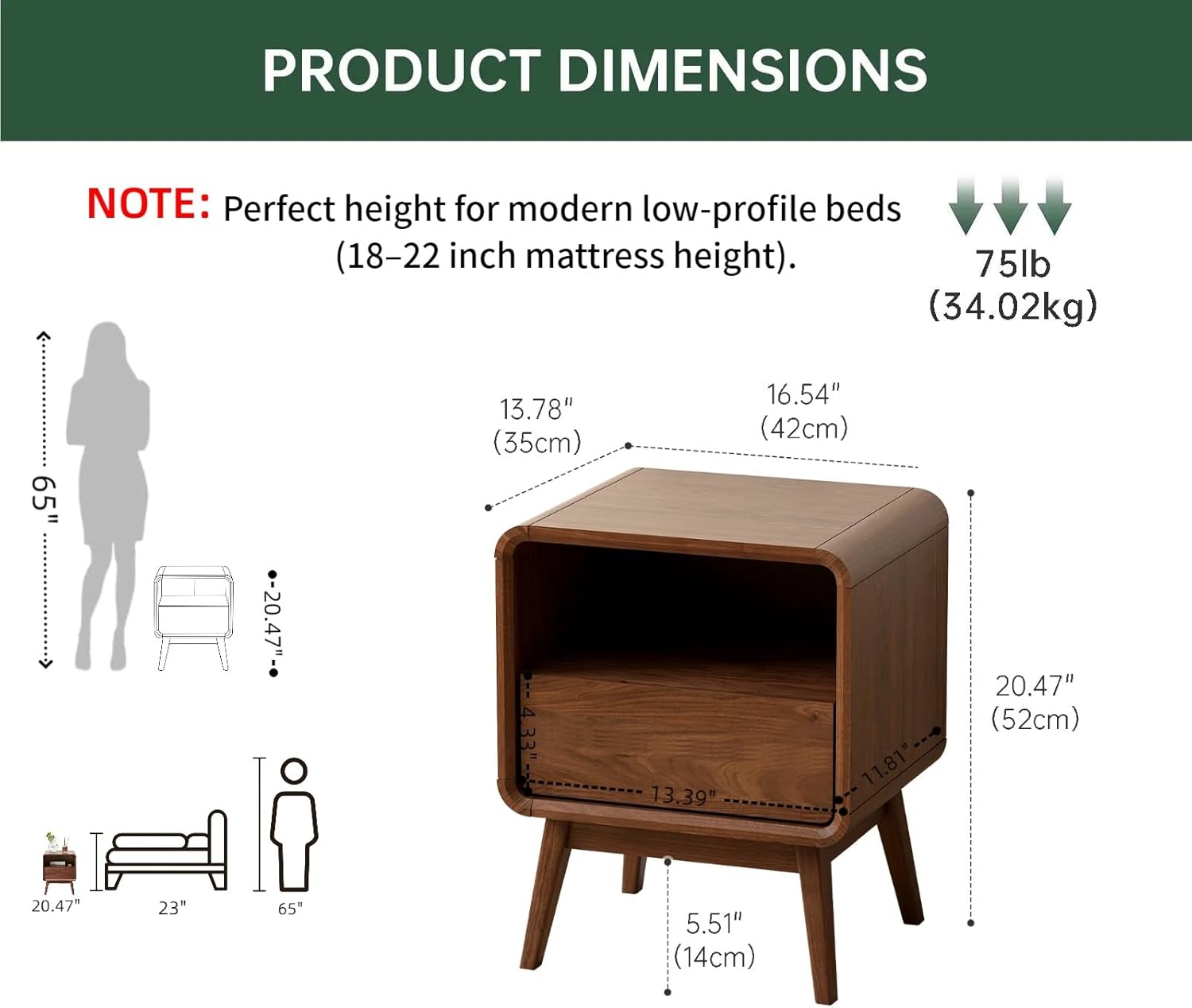 100% Solid Wood Nightstand