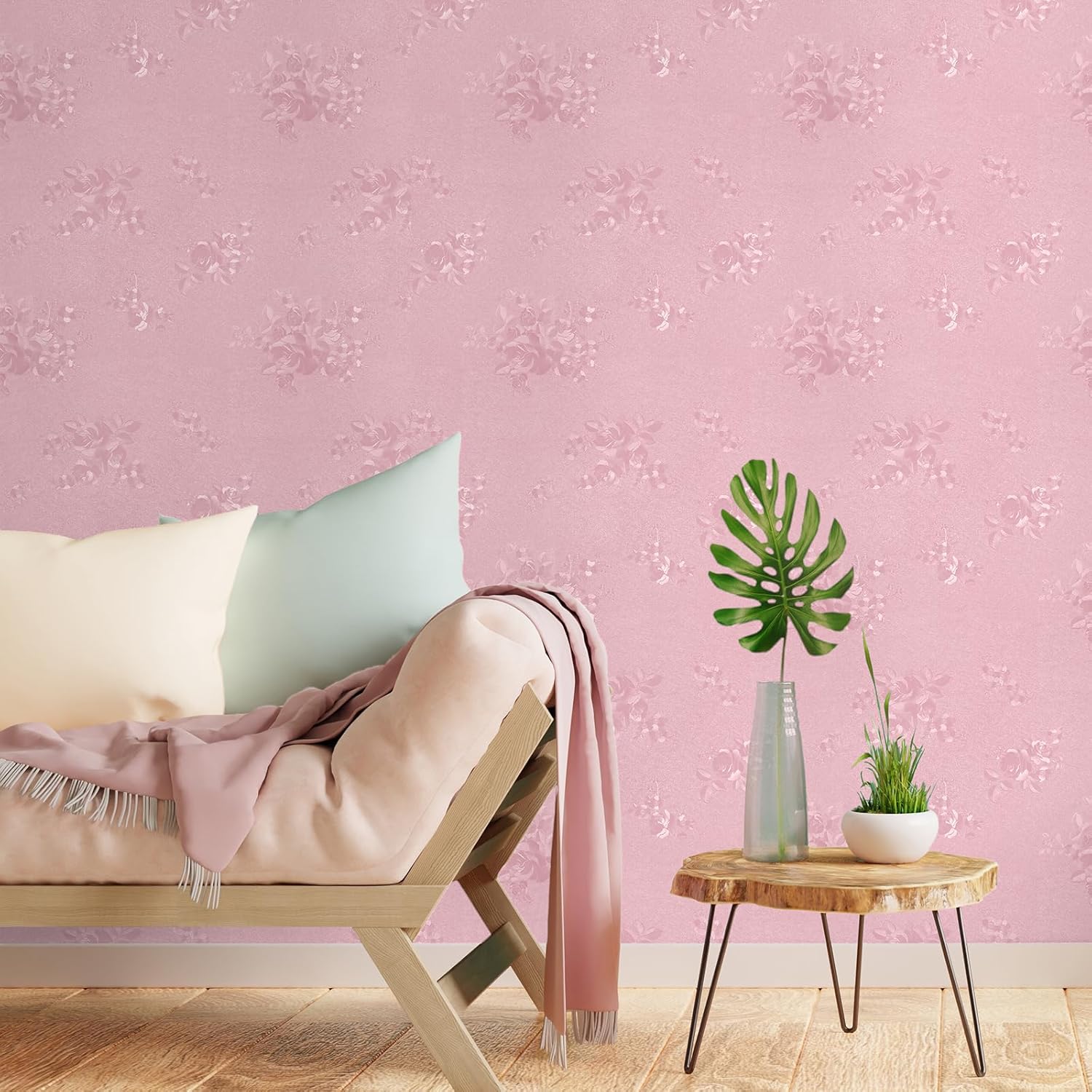 12"x472" Pink Embossed Flower Peel and Stick Wallpaper