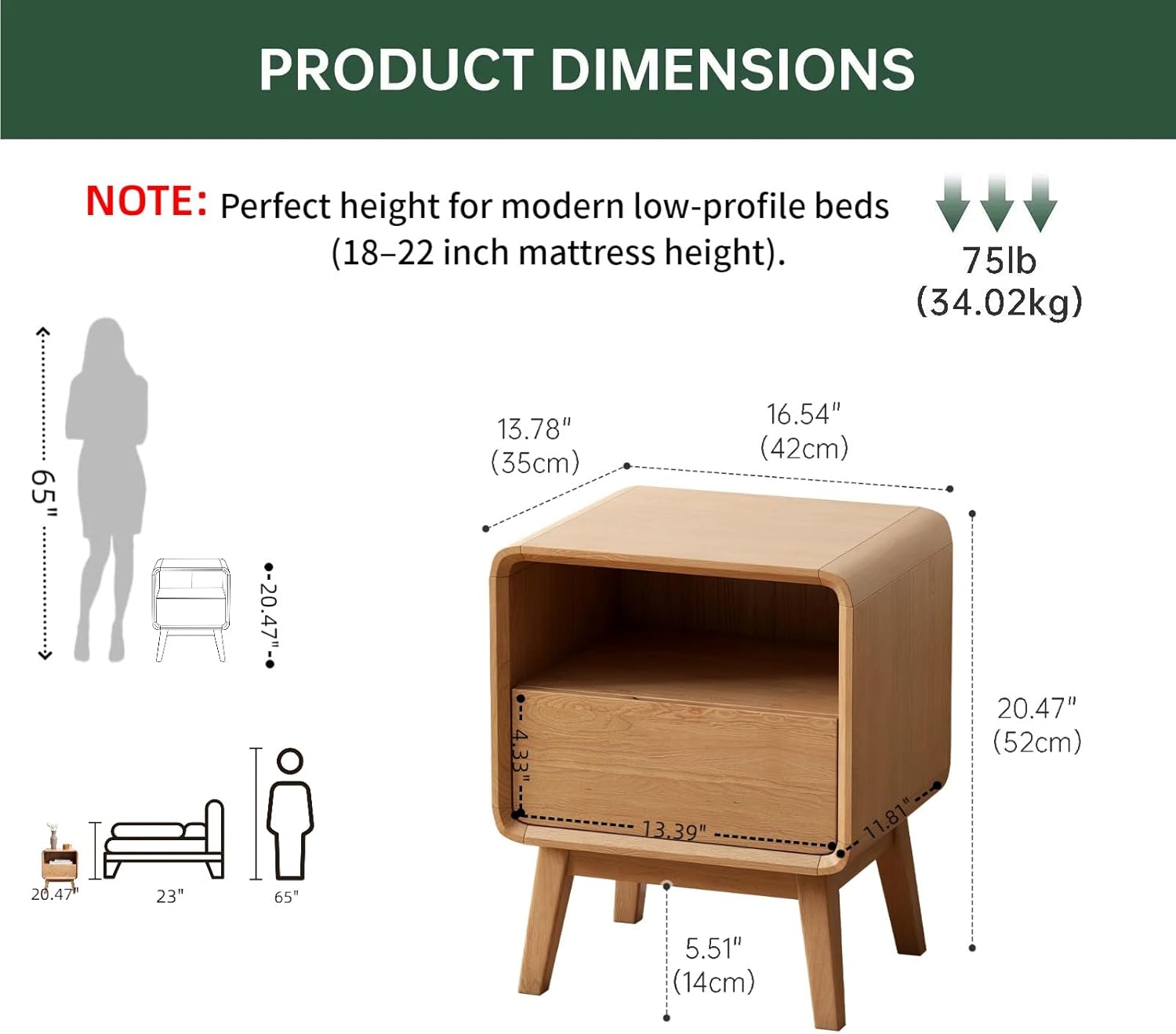 100% Solid Wood Nightstand Set of 2