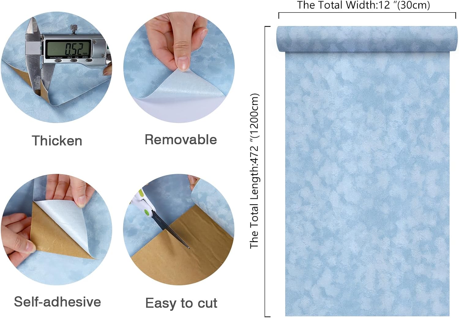 12”x472” Light Blue Velvet Flocking Peel and Stick Drawer Liner Velvet Wallpaper 