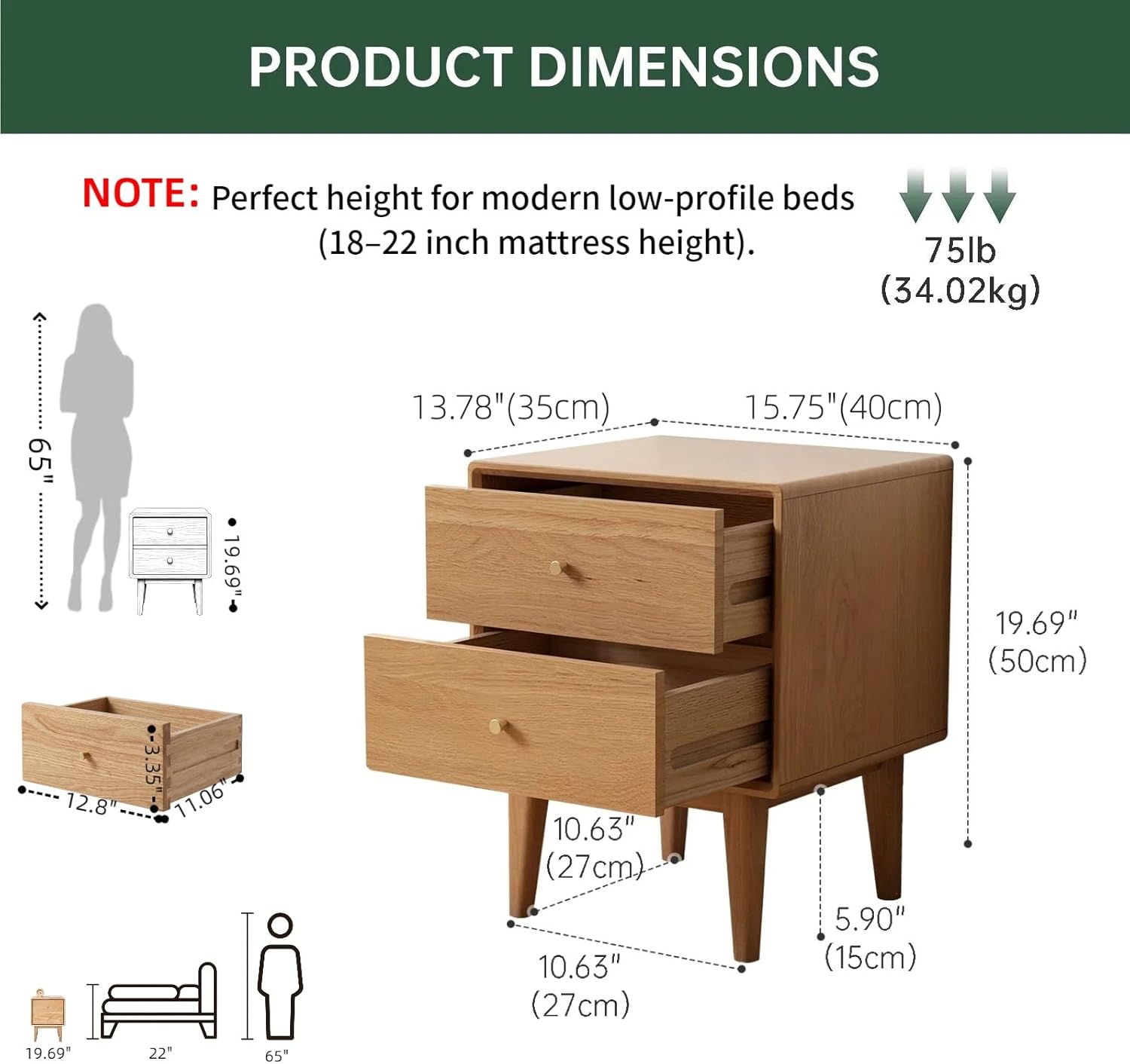 Solid Oak Wood Nightstand Set of 2