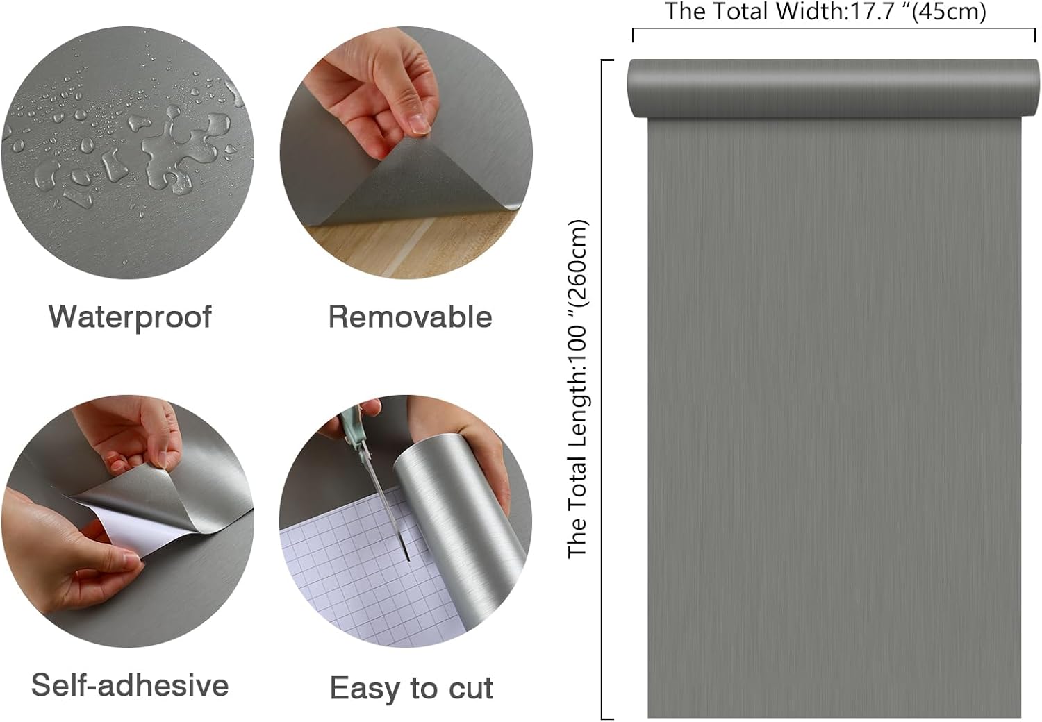 17.7”x100” Metallic Grey Peel and Stick Wallpaper 
