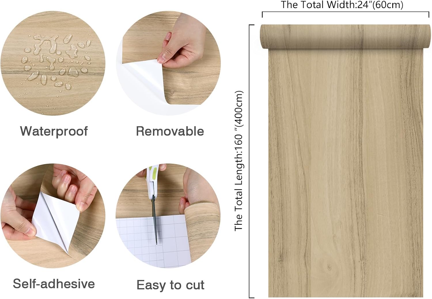 Wide Oak Wallpaper 24"x160" Light Wood Peel and Stick 