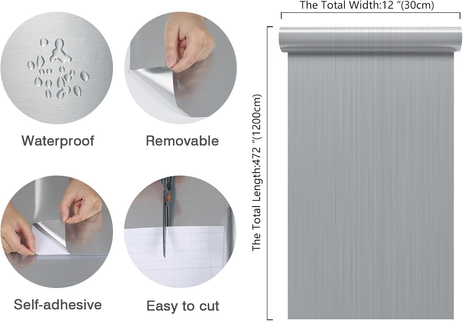  12"x472"  Silver Metallic Stainless Steel Peel and Stick Wallpaper 