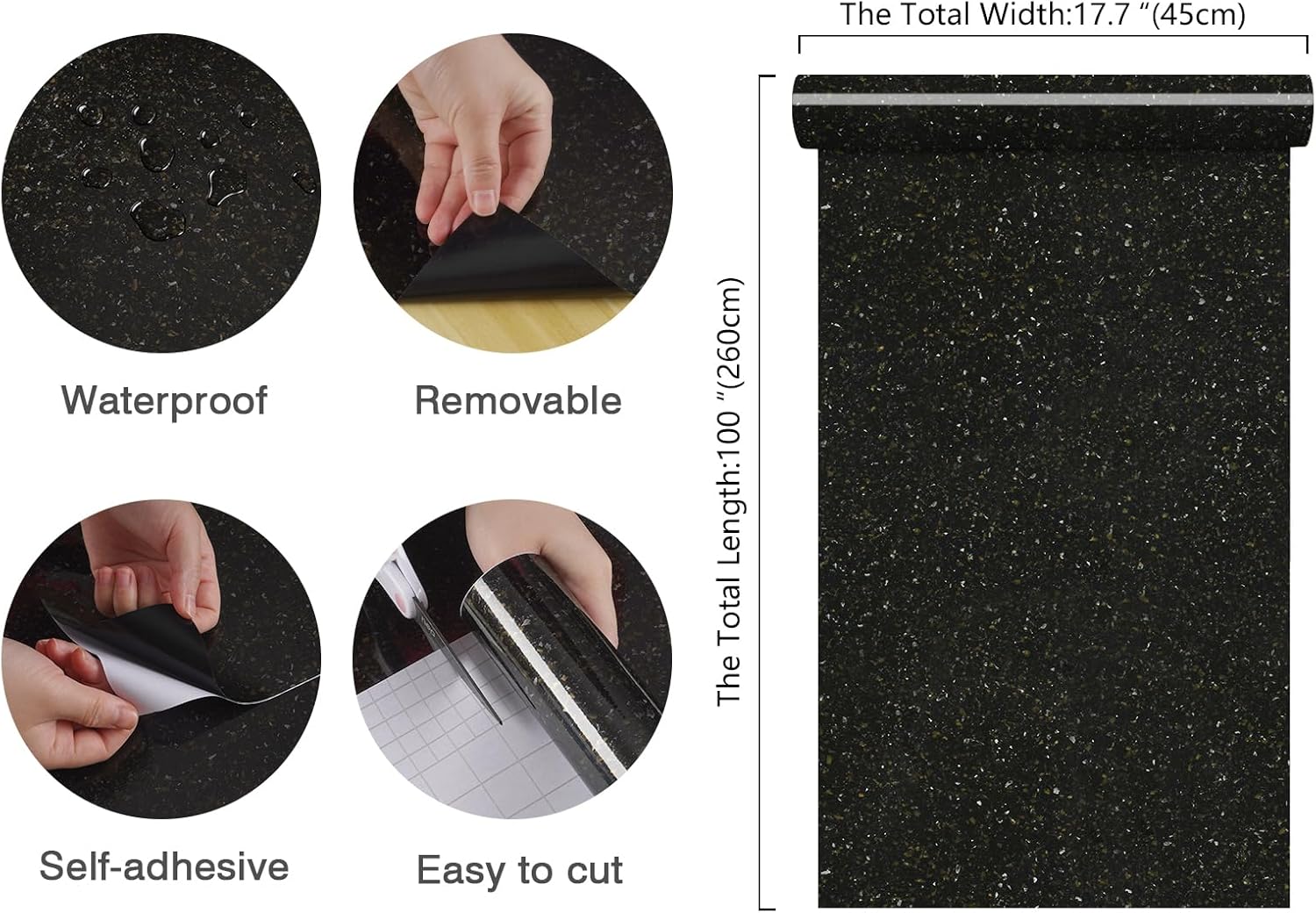 17.7''x100'' Black Gold Granite Contact Paper Peel and Stick Wallpaper