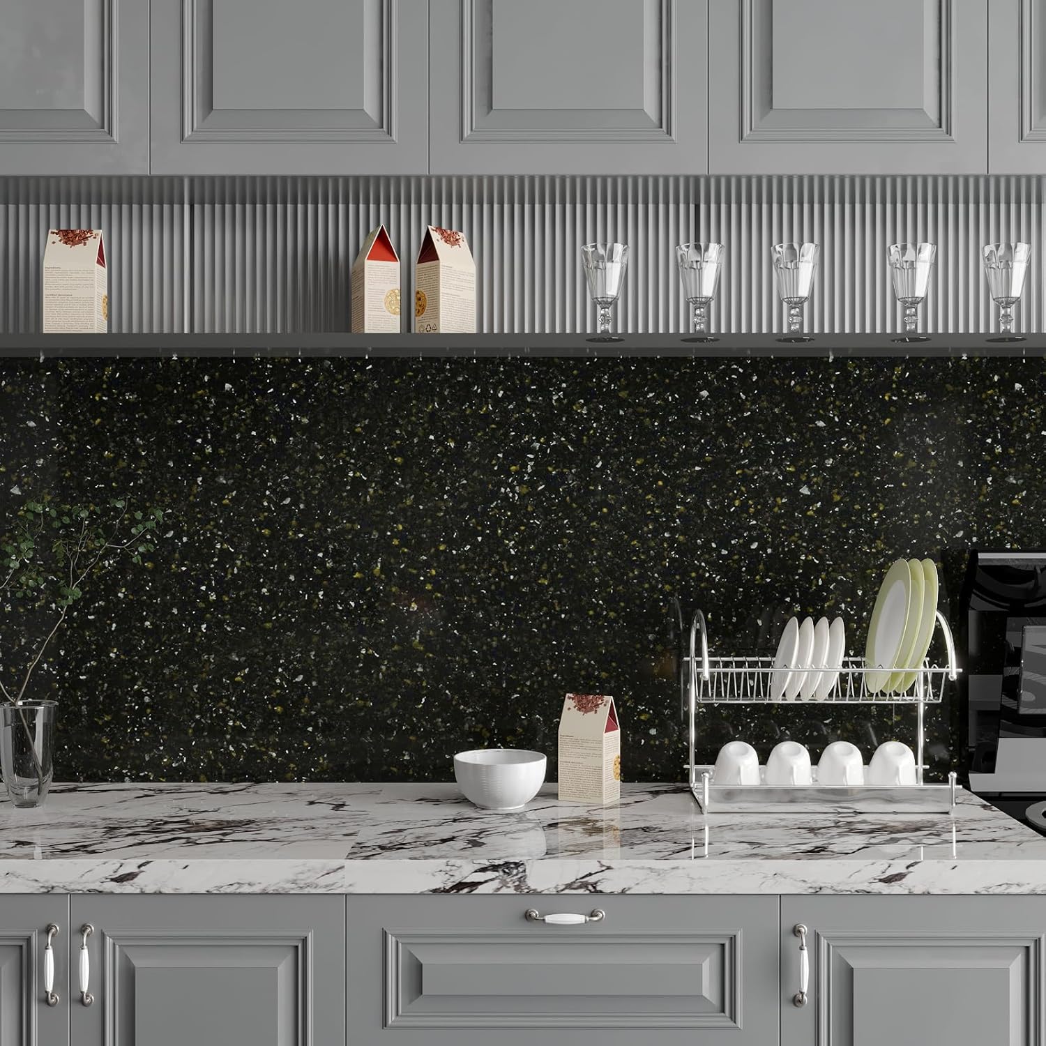 17.7''x100'' Black Gold Granite Contact Paper Peel and Stick Wallpaper