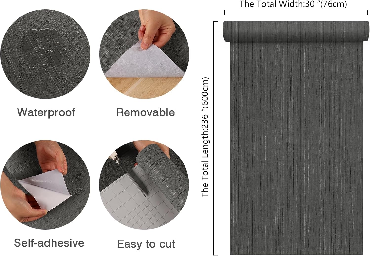 Extra Wide 30”x236” Dark Grey Grasscloth Peel and Stick Wallpaper