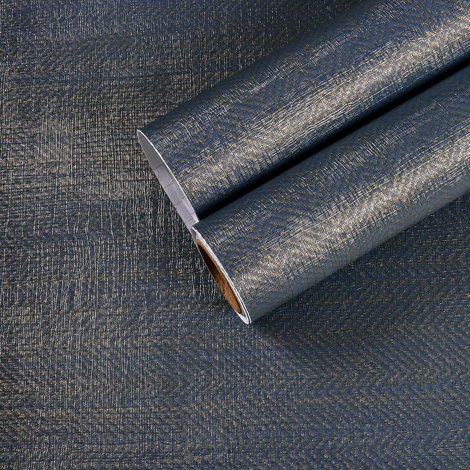 17.7"x236" Blue and Gold Geometric Herringbone Faux Grasscloth Wallpaper