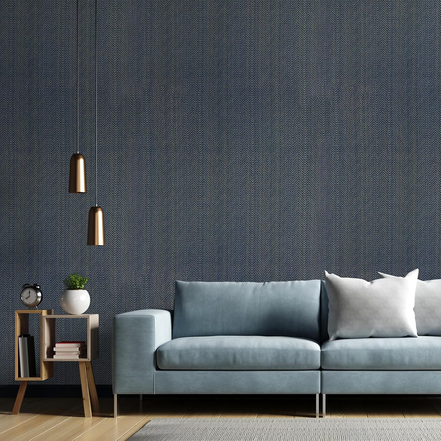 17.7"x236" Blue and Gold Geometric Herringbone Faux Grasscloth Wallpaper