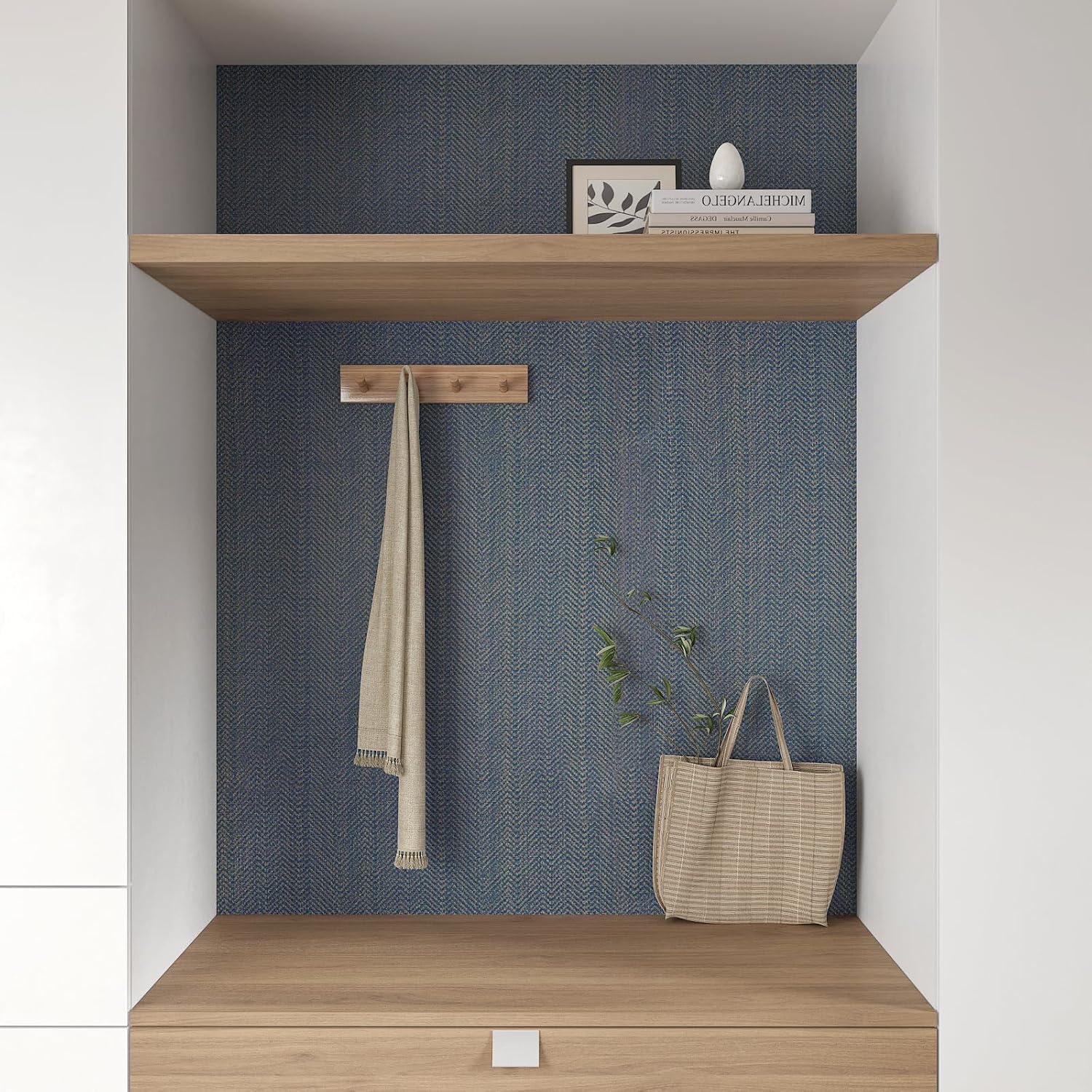 17.7"x236" Blue and Gold Geometric Herringbone Faux Grasscloth Wallpaper