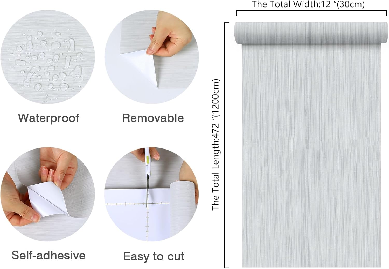12"x472" Light Grey Striation Peel and Stick Wallpaper Faux Grasscloth Wallpaper