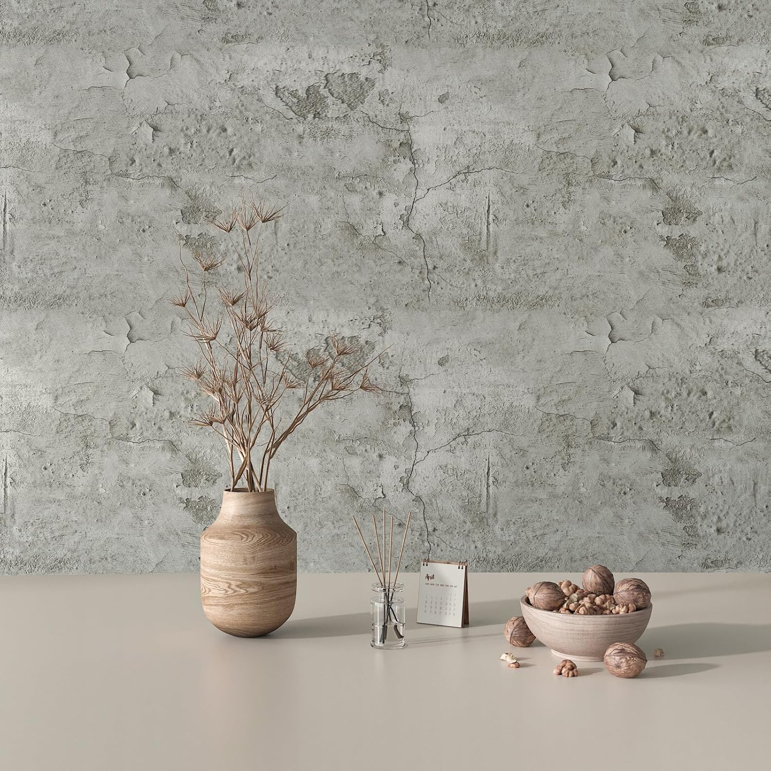 12''x472'' Extra Thick Light Grey Faux Cracked Concrete Wallpaper Peel and Stick