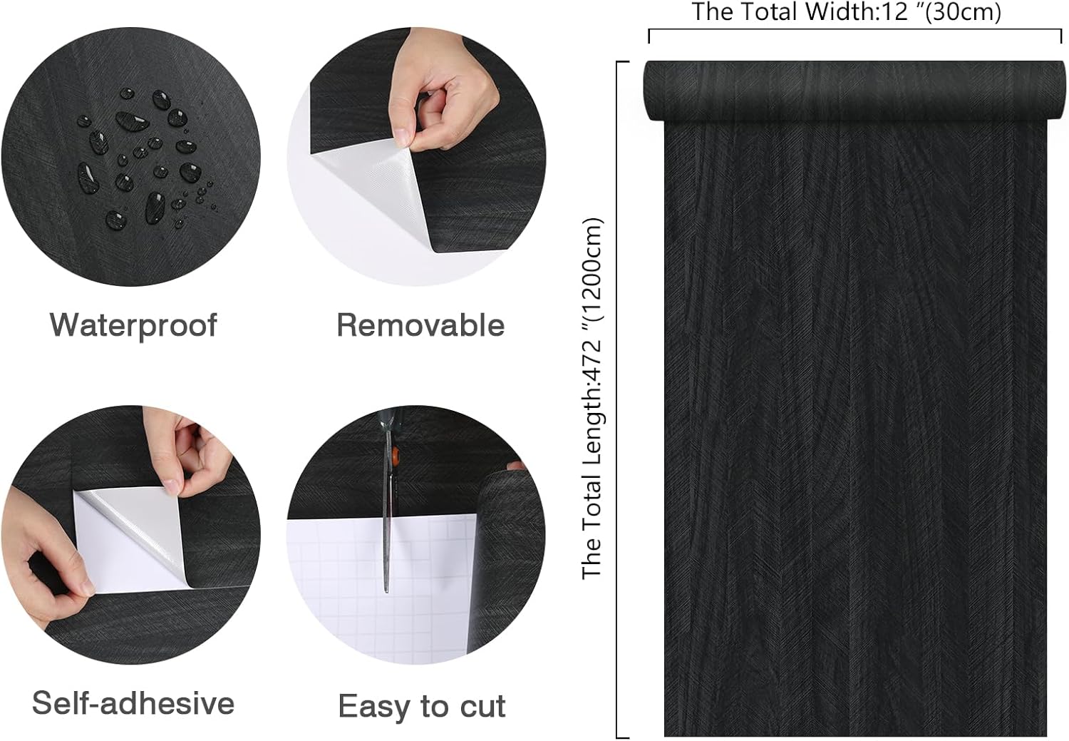 12”x472” Charcoal Black Wood Contact Paper Peel and Stick