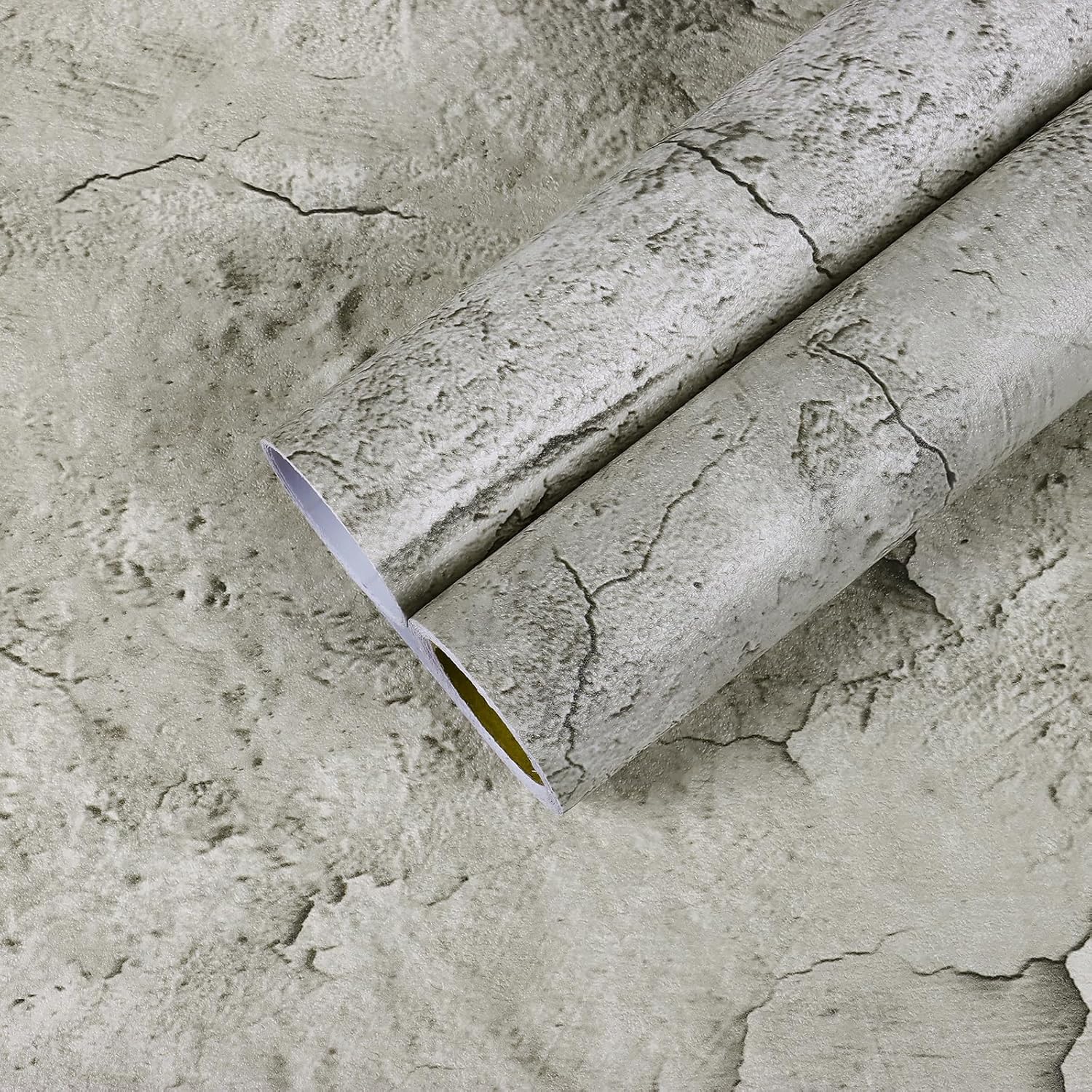 12''x472'' Extra Thick Light Grey Faux Cracked Concrete Wallpaper Peel and Stick
