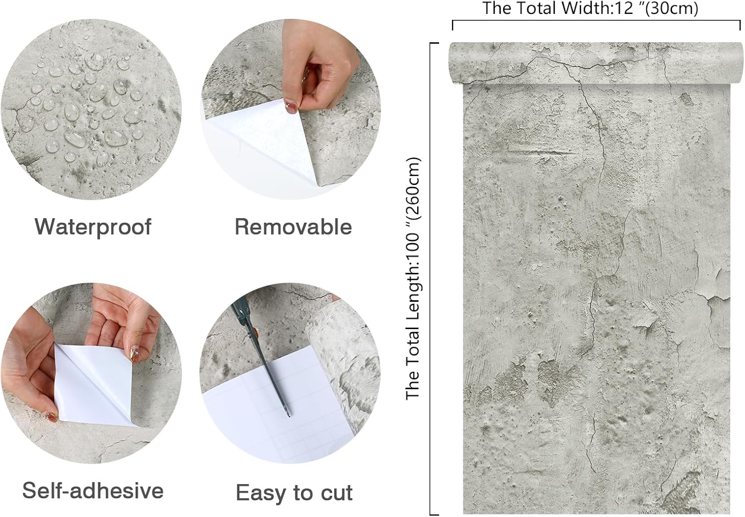 12''x472'' Extra Thick Light Grey Faux Cracked Concrete Wallpaper Peel and Stick