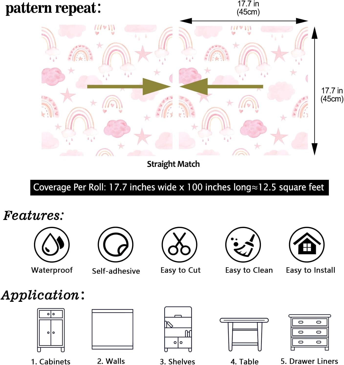 17.7”x100” Kids Self Adhesive Removable Wallpaper Mural for Nursery Girls Room Playroom