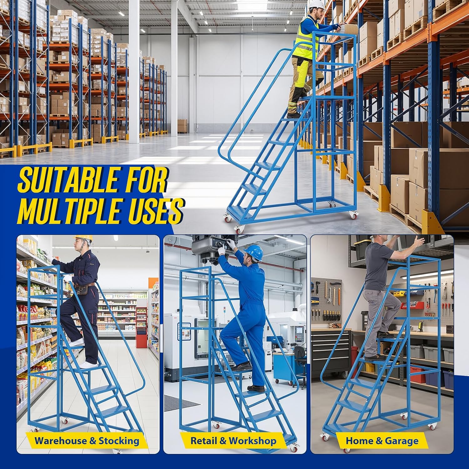 6-Step Rolling Step Ladder with Wheels, | 3-Sided Fence, 4 Locking Wheels, 1213LBS Capacity