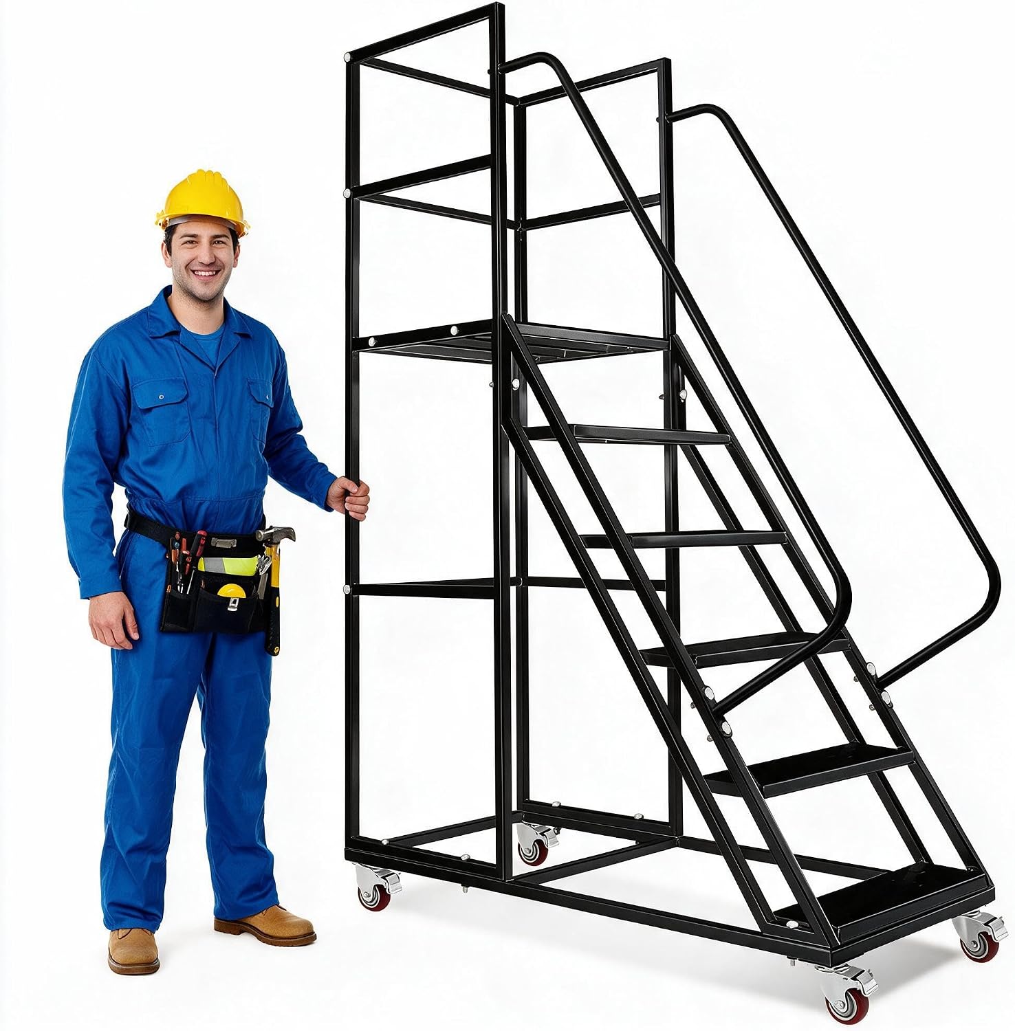 6-Step Rolling Step Ladder with Wheels, | 3-Sided Fence, 4 Locking Wheels, 1213LBS Capacity