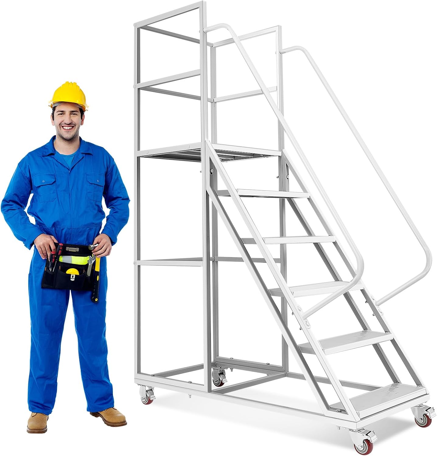 6-Step Rolling Step Ladder with Wheels, | 3-Sided Fence, 4 Locking Wheels, 1213LBS Capacity