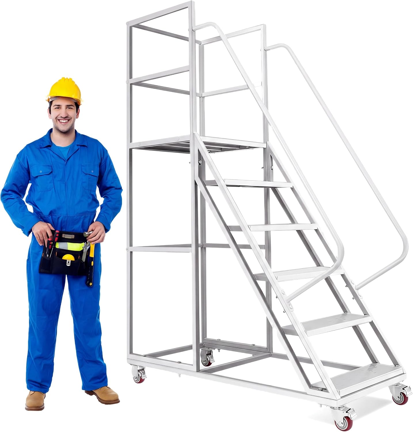 6-Step Rolling Step Ladder with 3 Handrails, 3-Sided Carbon Steel Fence, 4 Locking Wheels, 1213LBS Cap
