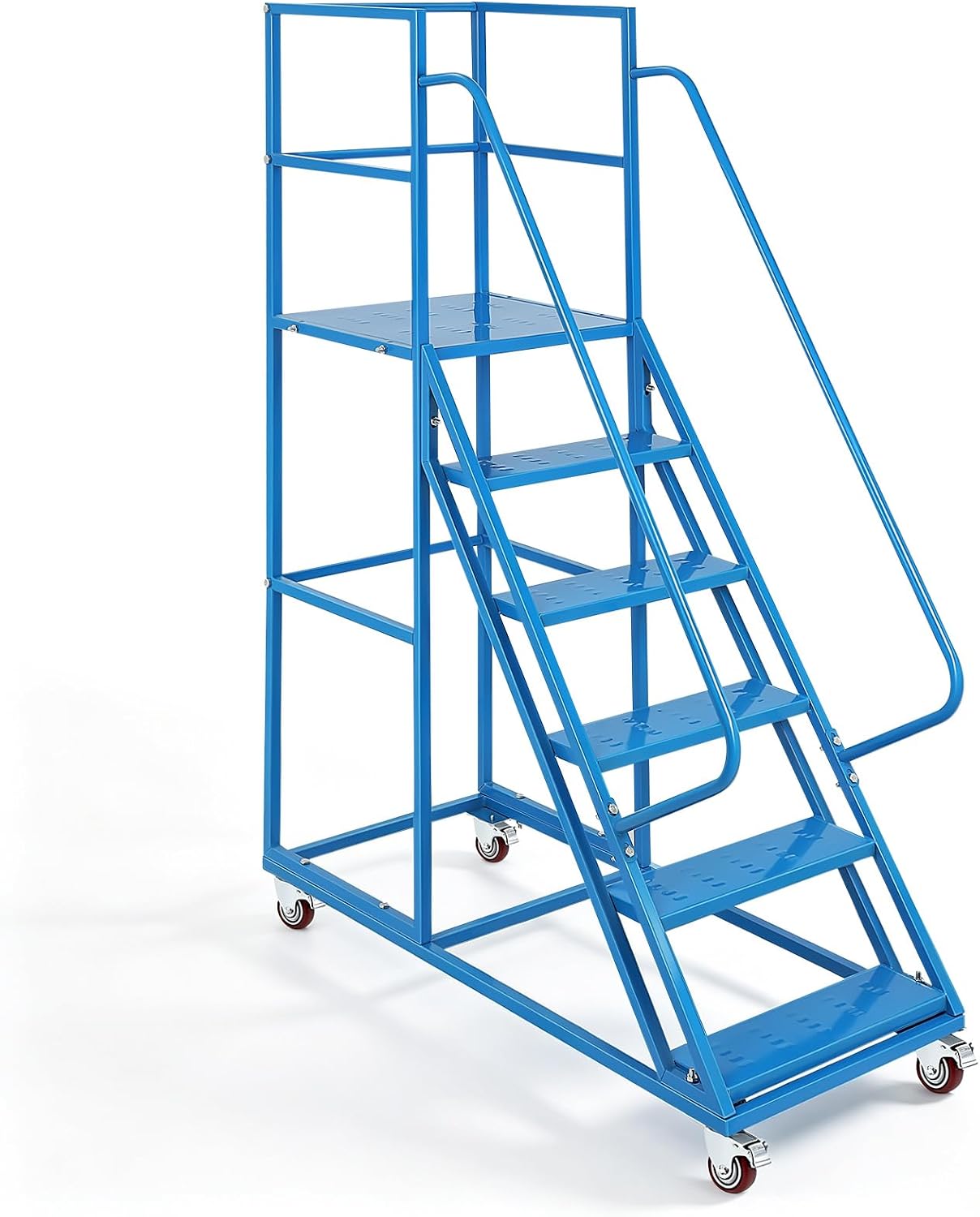 6-Step Rolling Step Ladder with 3 Handrails, 3-Sided Carbon Steel Fence, 4 Locking Wheels, 1213LBS Cap