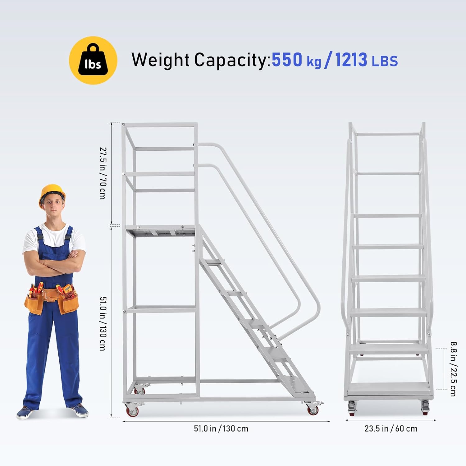 6-Step Rolling Step Ladder with 3 Handrails, 3-Sided Carbon Steel Fence, 4 Locking Wheels, 1213LBS Cap
