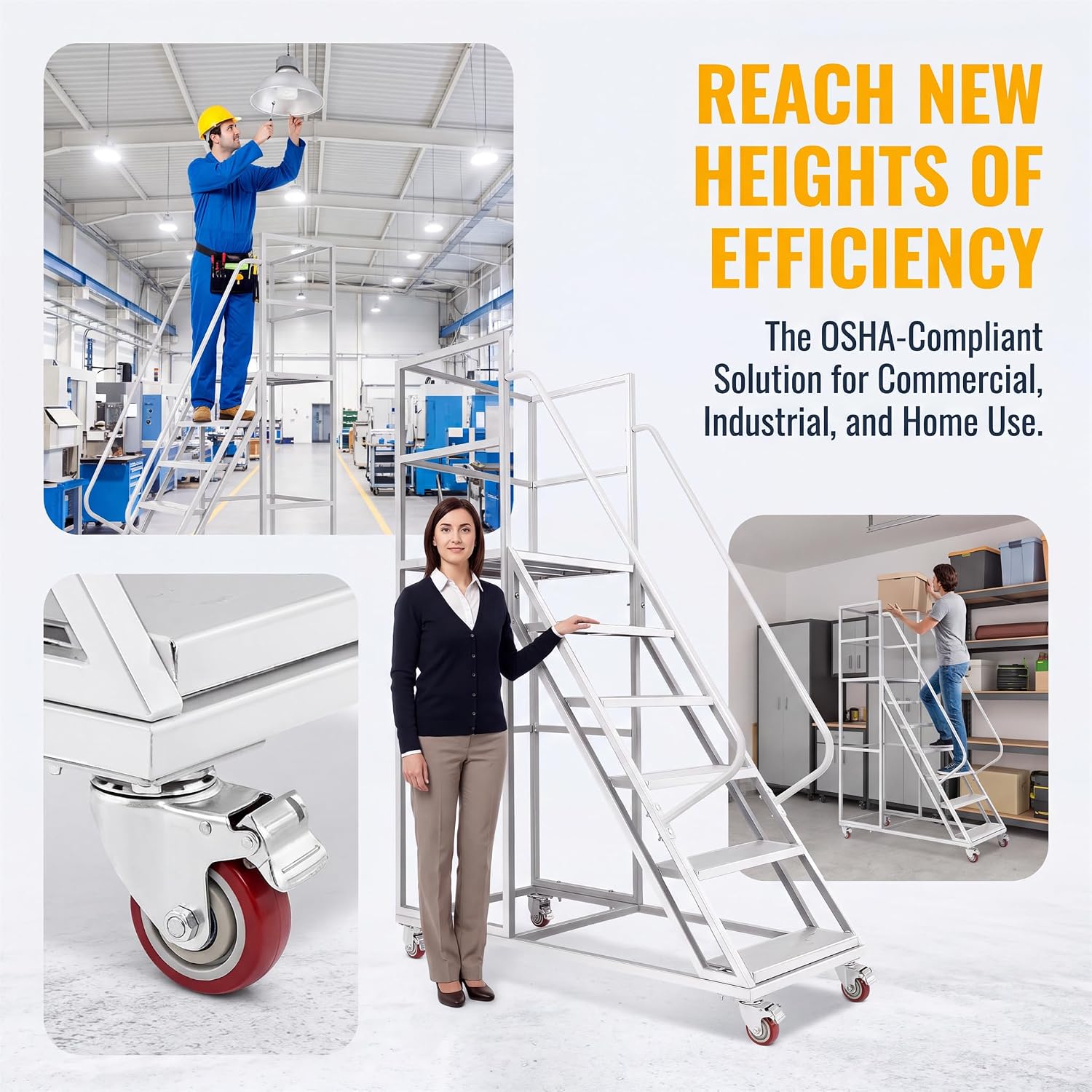 6-Step Rolling Step Ladder with 3 Handrails, 3-Sided Carbon Steel Fence, 4 Locking Wheels, 1213LBS Cap