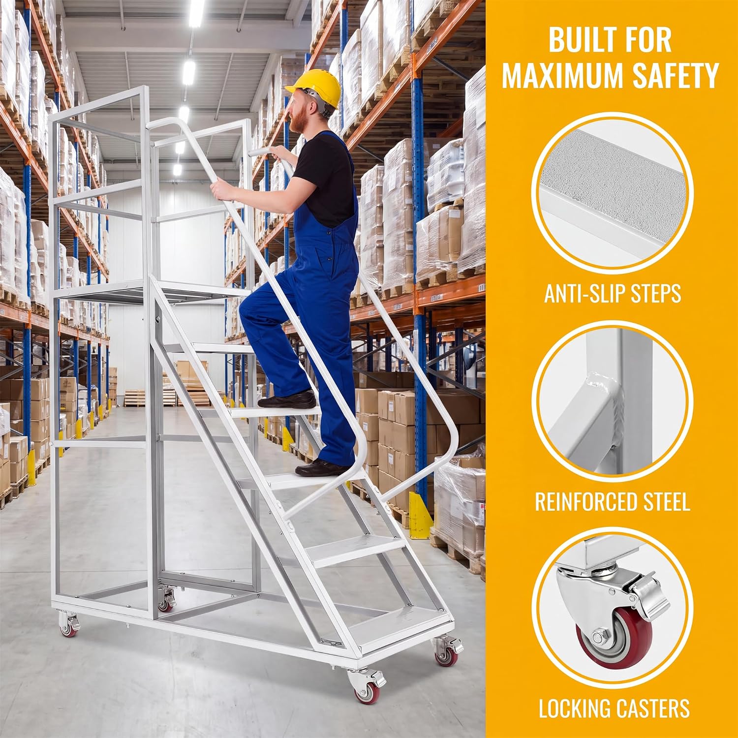 6-Step Rolling Step Ladder with 3 Handrails, 3-Sided Carbon Steel Fence, 4 Locking Wheels, 1213LBS Cap