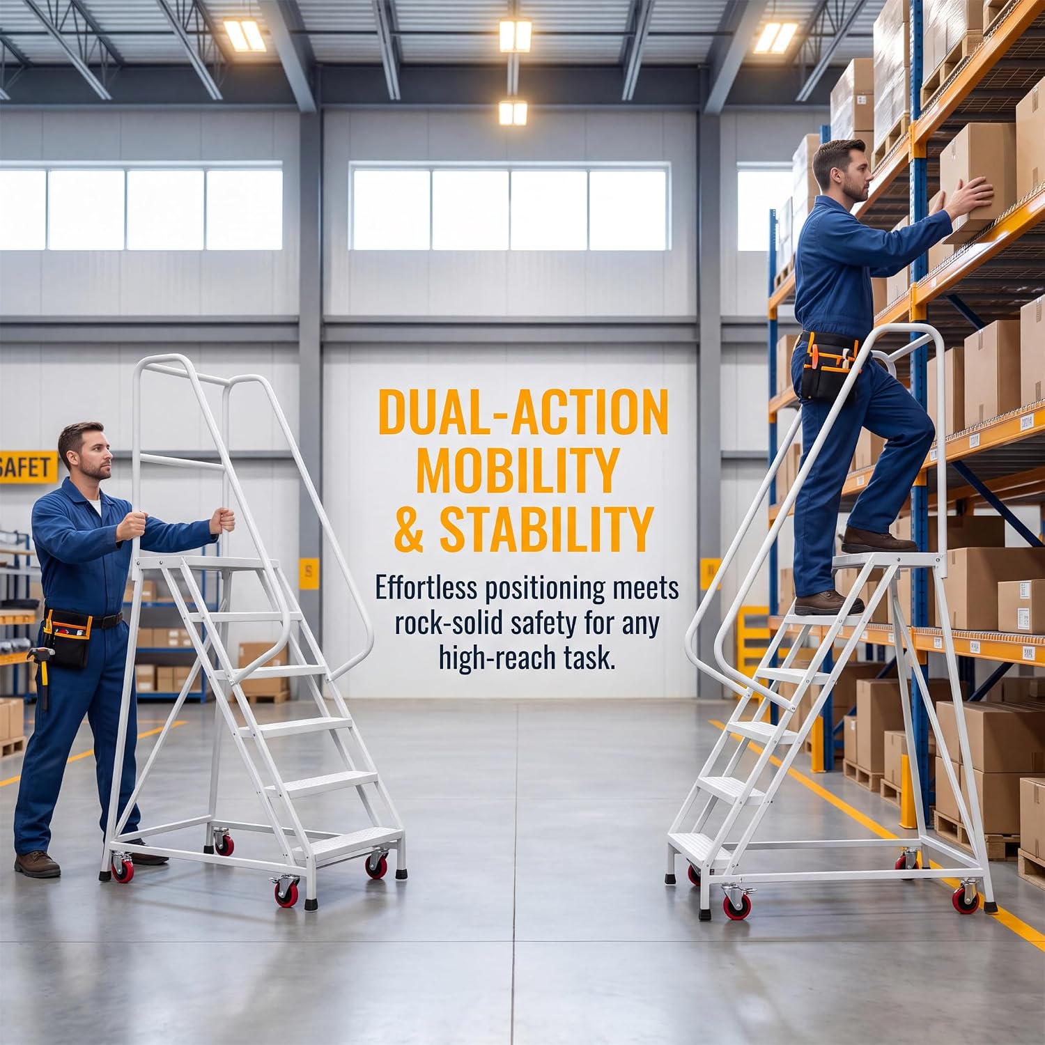 6-Step Rolling Step Ladder with 3 Handrails, 3-Sided Carbon Steel Fence, 4 Locking Wheels, 1213LBS Cap
