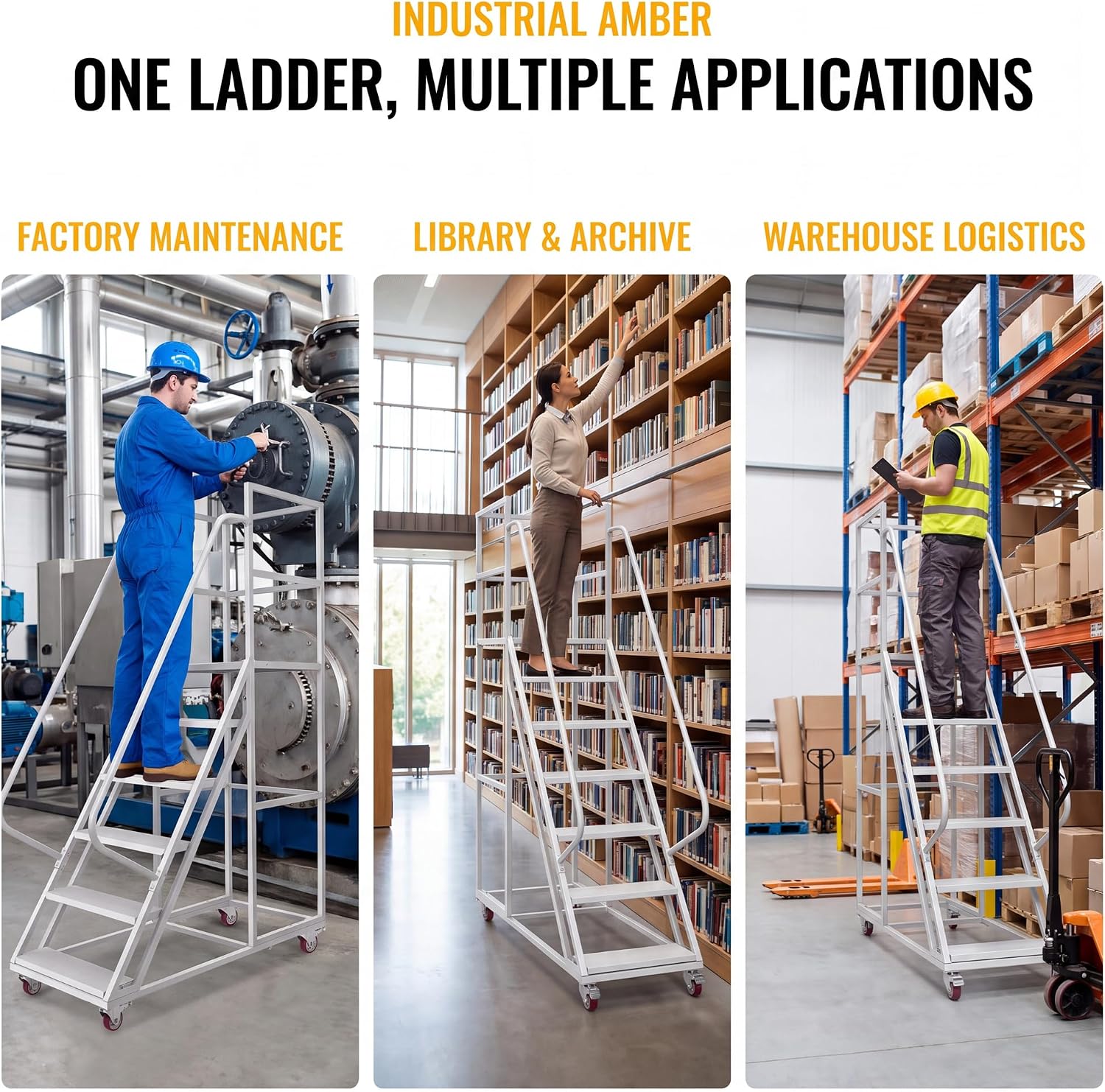 6-Step Rolling Step Ladder with 3 Handrails, 3-Sided Carbon Steel Fence, 4 Locking Wheels, 1213LBS Cap