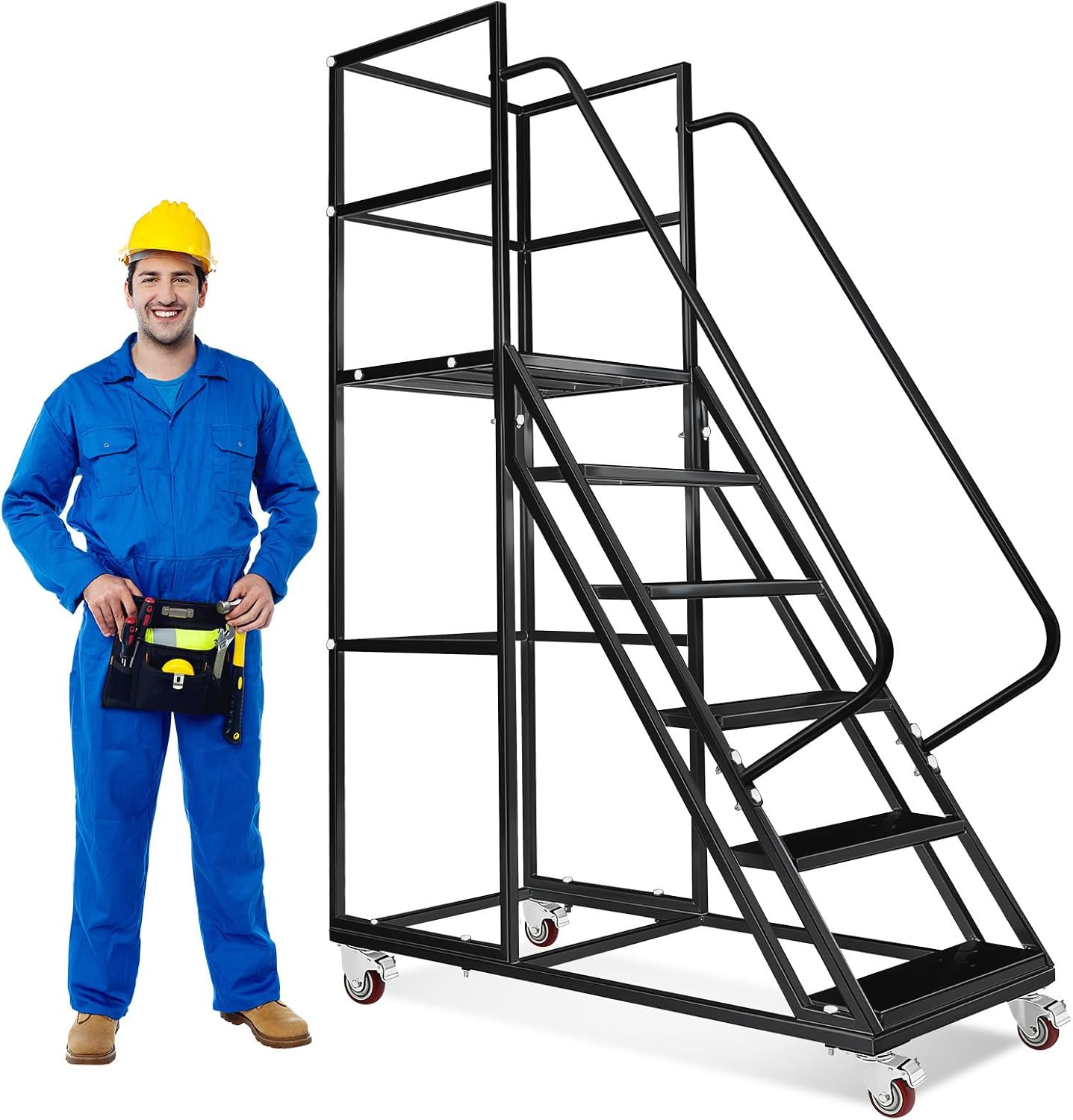 6-Step Rolling Step Ladder with 3 Handrails, 3-Sided Carbon Steel Fence, 4 Locking Wheels, 1213LBS Cap