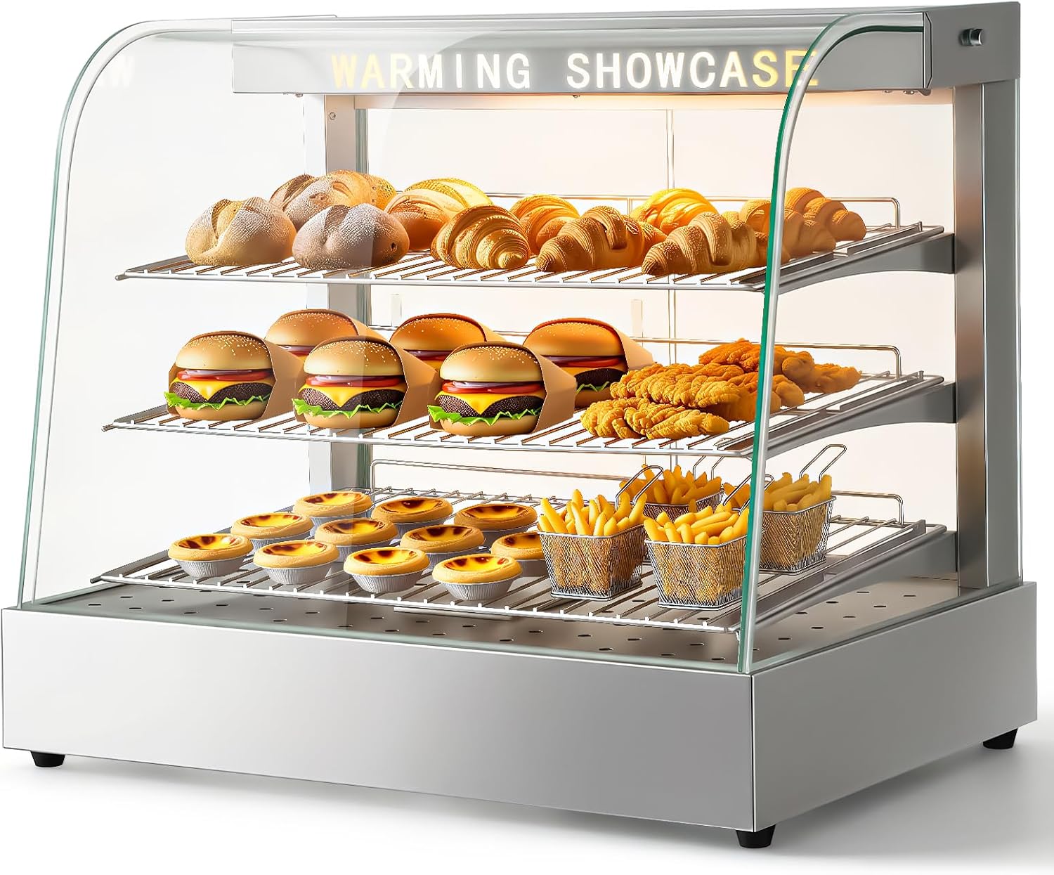26" Commercial Food Warmer, 3-Tier Glass Display with LED&Tempered Door