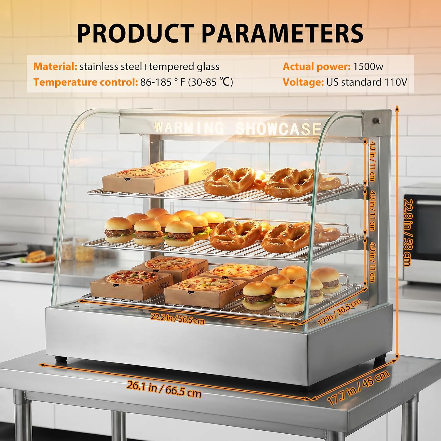 26" Commercial Food Warmer, 3-Tier Glass Display with LED&Tempered Door