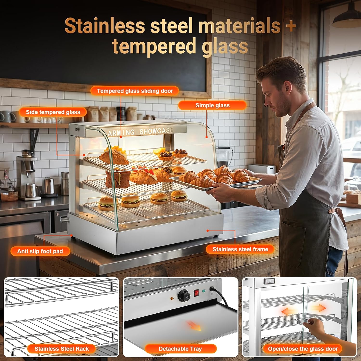 26" Commercial Food Warmer, 3-Tier Glass Display with LED&Tempered Door