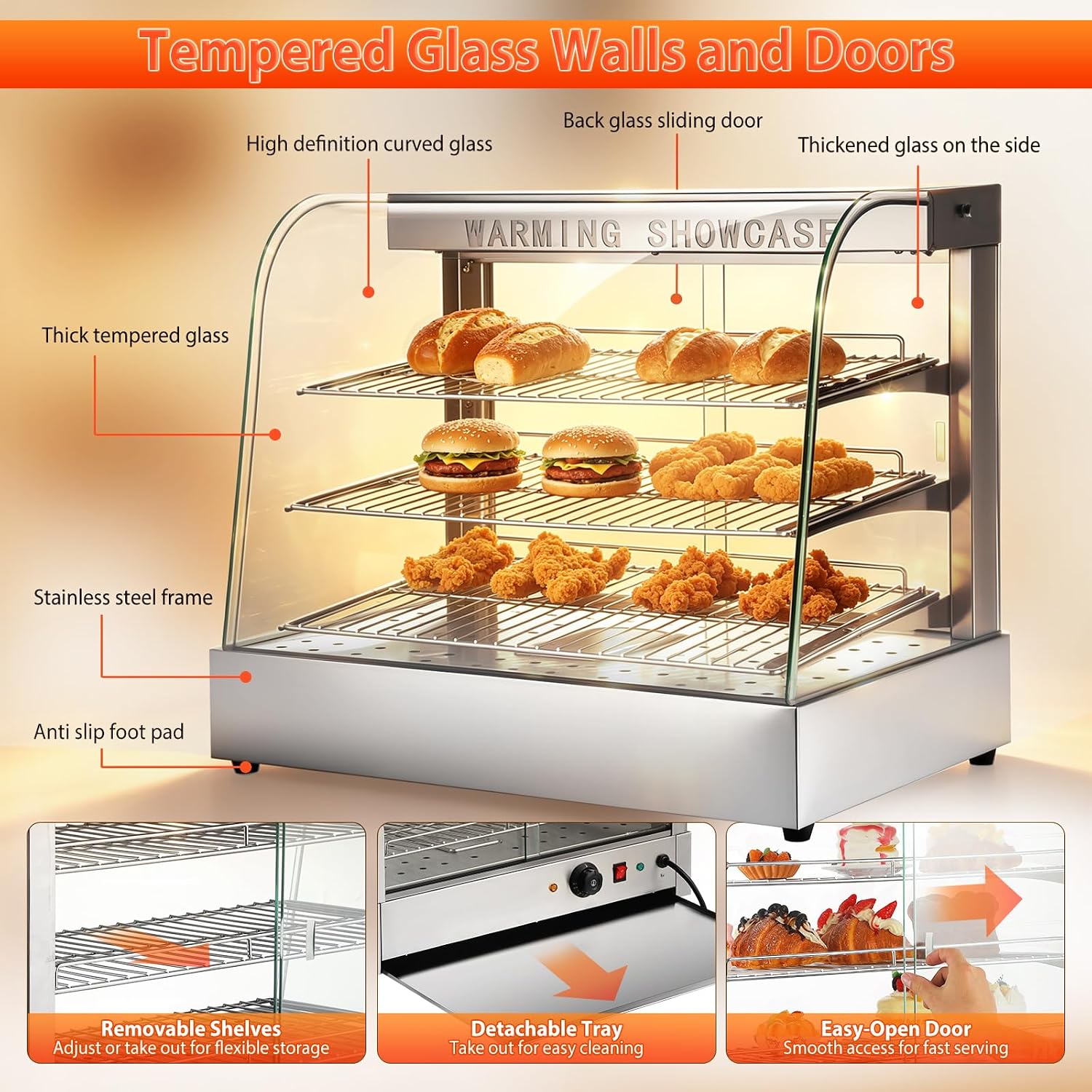 26" Commercial Food Warmer, 3-Tier Glass Display with LED&Tempered Door