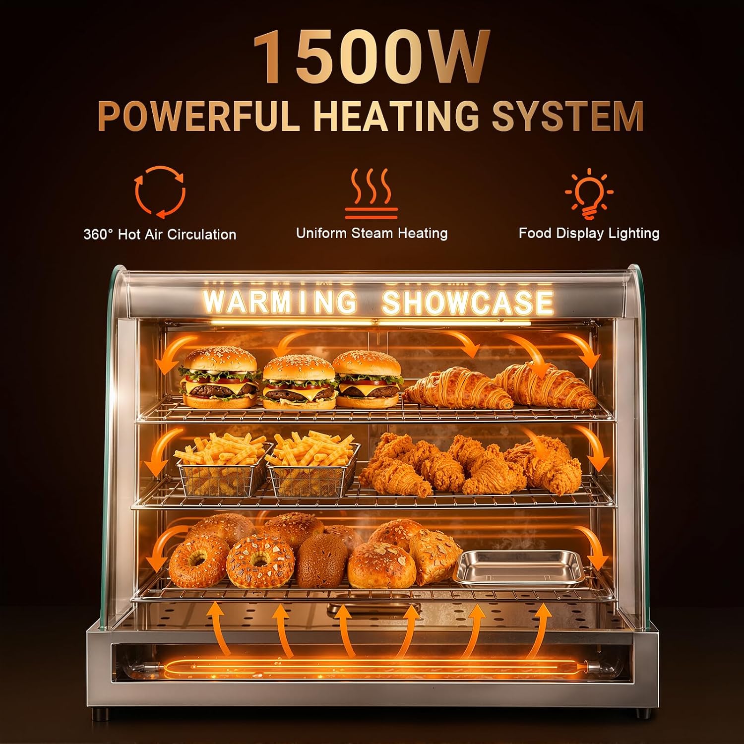 26" Commercial Food Warmer, 3-Tier Glass Display with LED&Tempered Door
