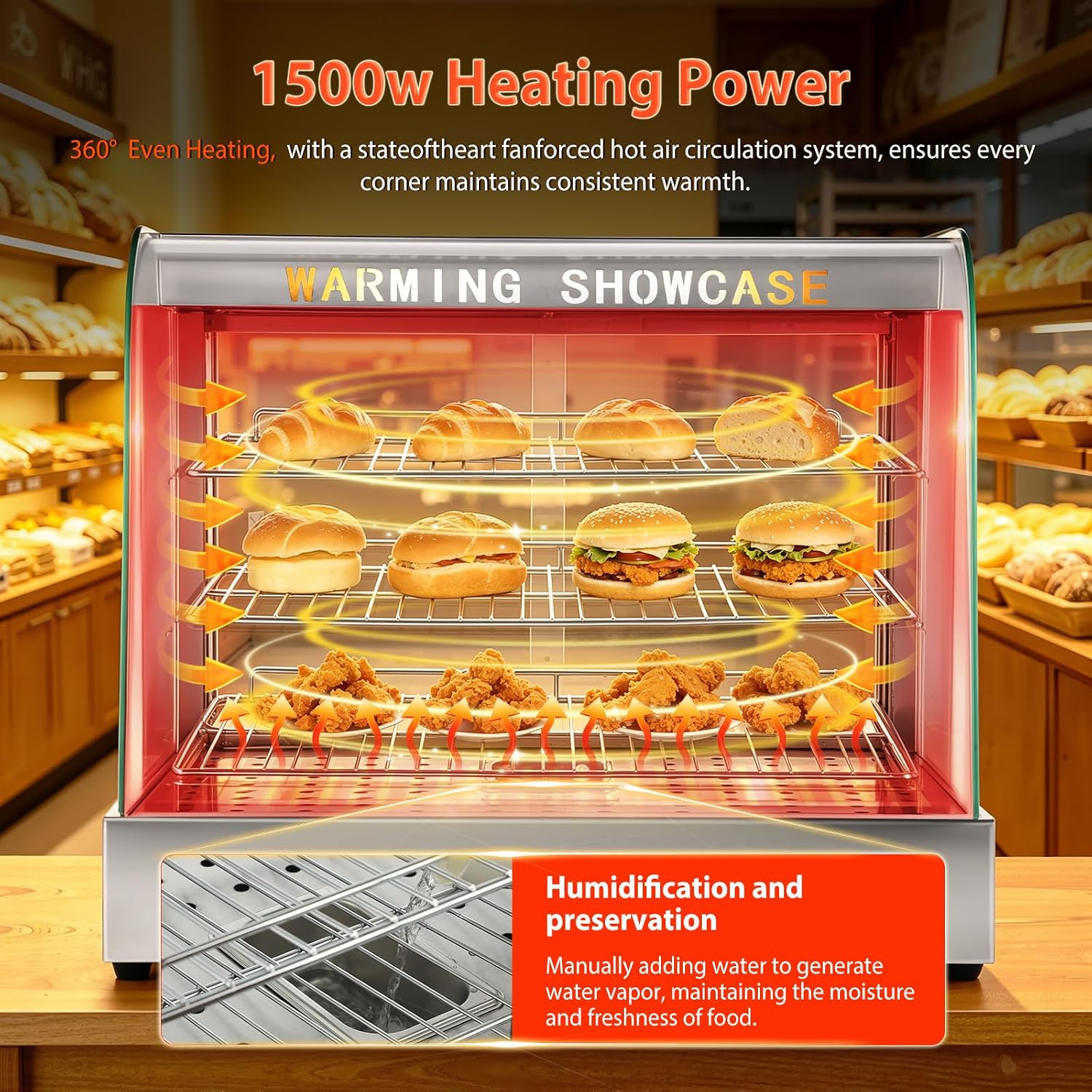 26" Commercial Food Warmer, 3-Tier Glass Display with LED&Tempered Door